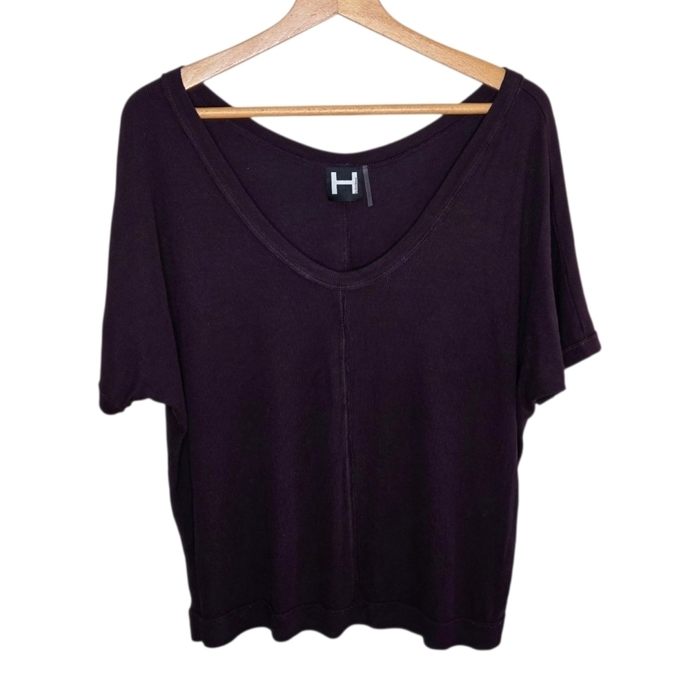 H By Bordeaux | Dark Purple Ribbed Scoop Neck Short Sleeve Tee Size Large